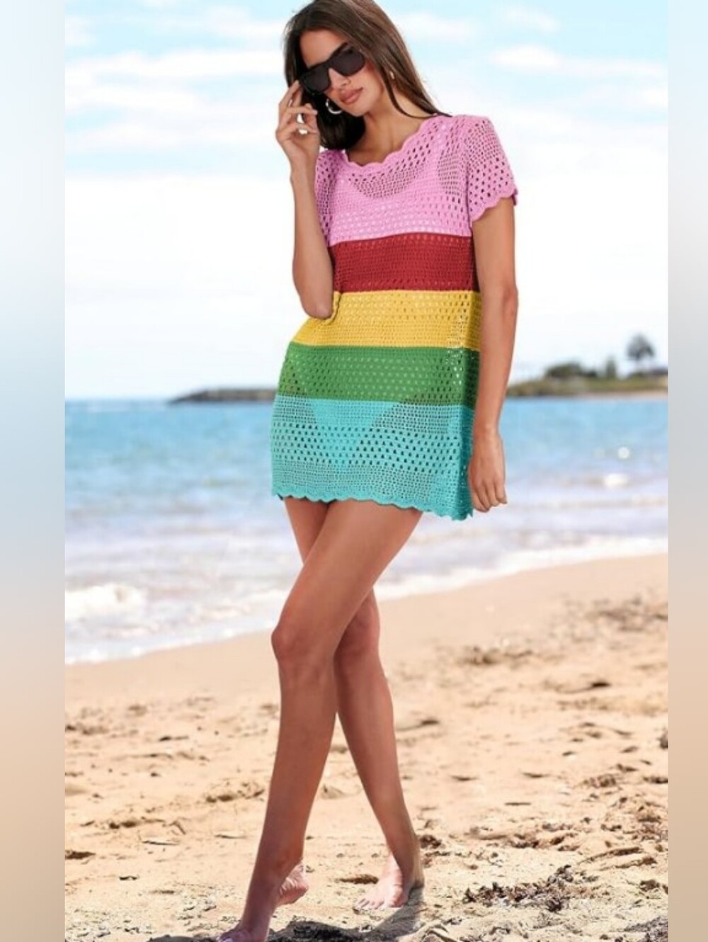 Crochet Multi Color Striped Beach Swim Coverup Mini Dress Misses Medium